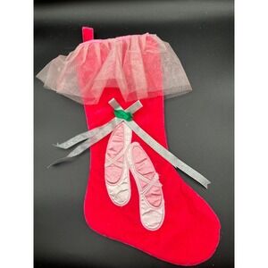 Pink Velvet Christmas Stocking Ballet Slippers Tulle Trim Holiday Decor 17"